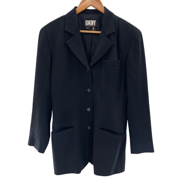 DKNY Vintage Wool Longline Blazer Jacket Black 4 Button Size 4 - Picture 1 of 9